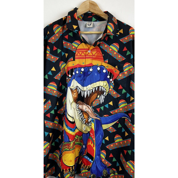 HARDADDY Men's L Party Hawaiian Mexican Shark Sombrero Button Up Shirt - Picture 2 of 4